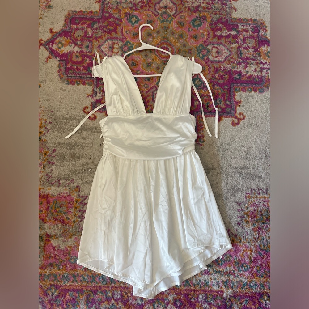 Cider- French Riviera Vacation Solid Satin Ruched Mini Dress - Picture 2 of 5